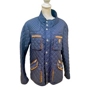 Piel de Toro Sevilla Quilted Utility barn Jacket Navy & Tan leather trim size xl